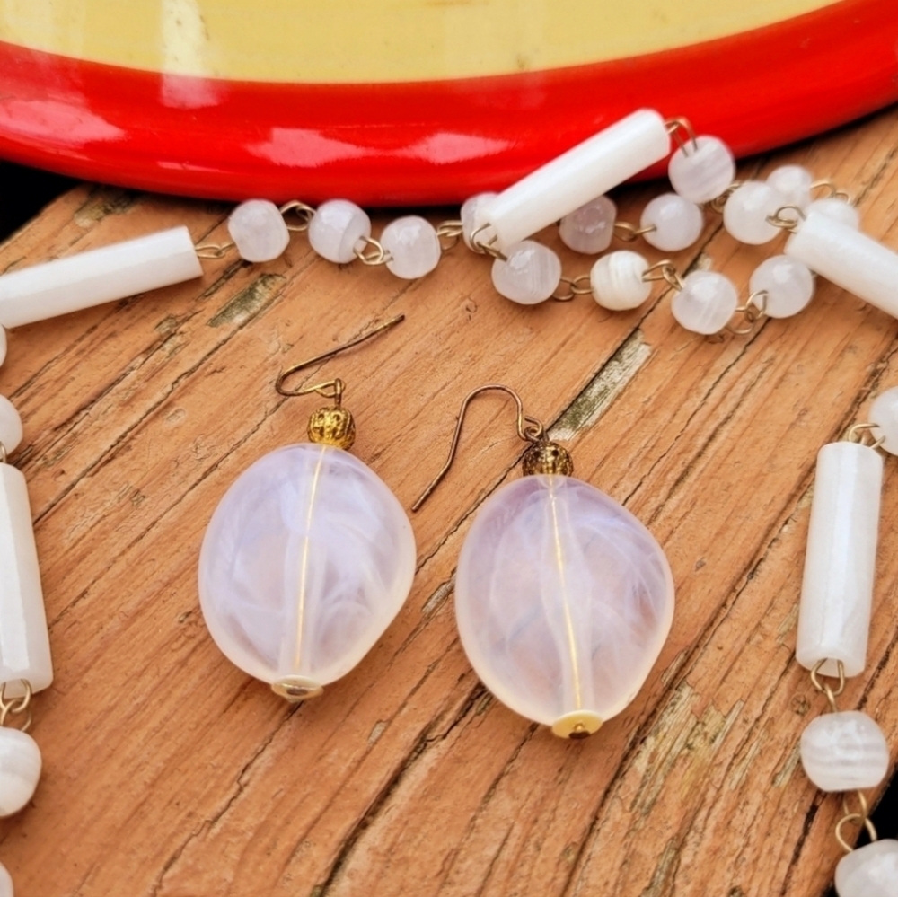 Vintage White Jade Boho Abstract Stone Gold Drop Earrings
